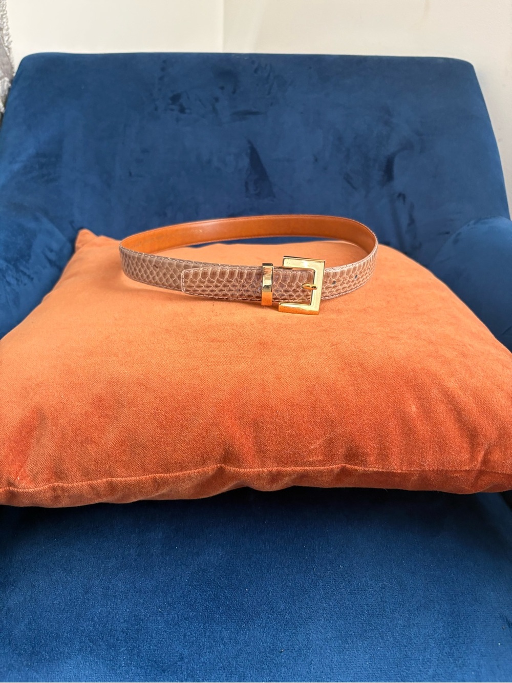 VTG 80-90s Genuine Snake Skin Tan Leather Belt with Gold Buckle